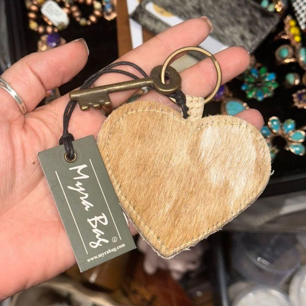 Myra Light Brown Cow Hide Heart Shape Key Chain